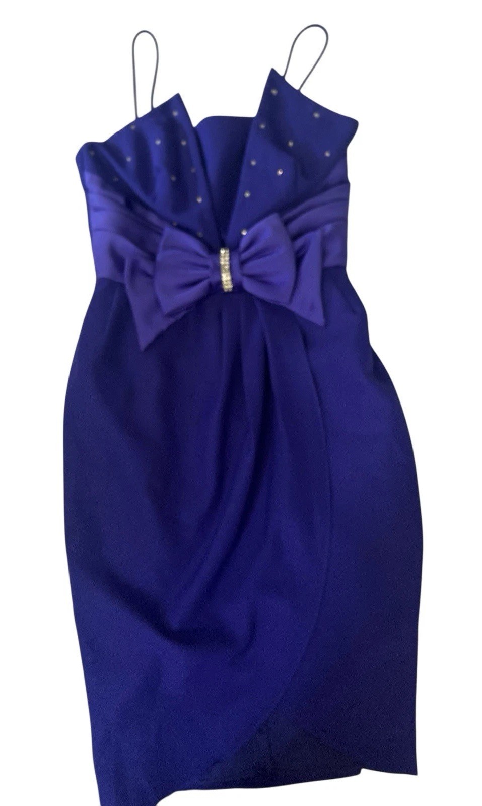 Vtg 80s Bari Jay Rhinestone Bow Party Dress 6 Made In USA Purple Sleeveless Mini
