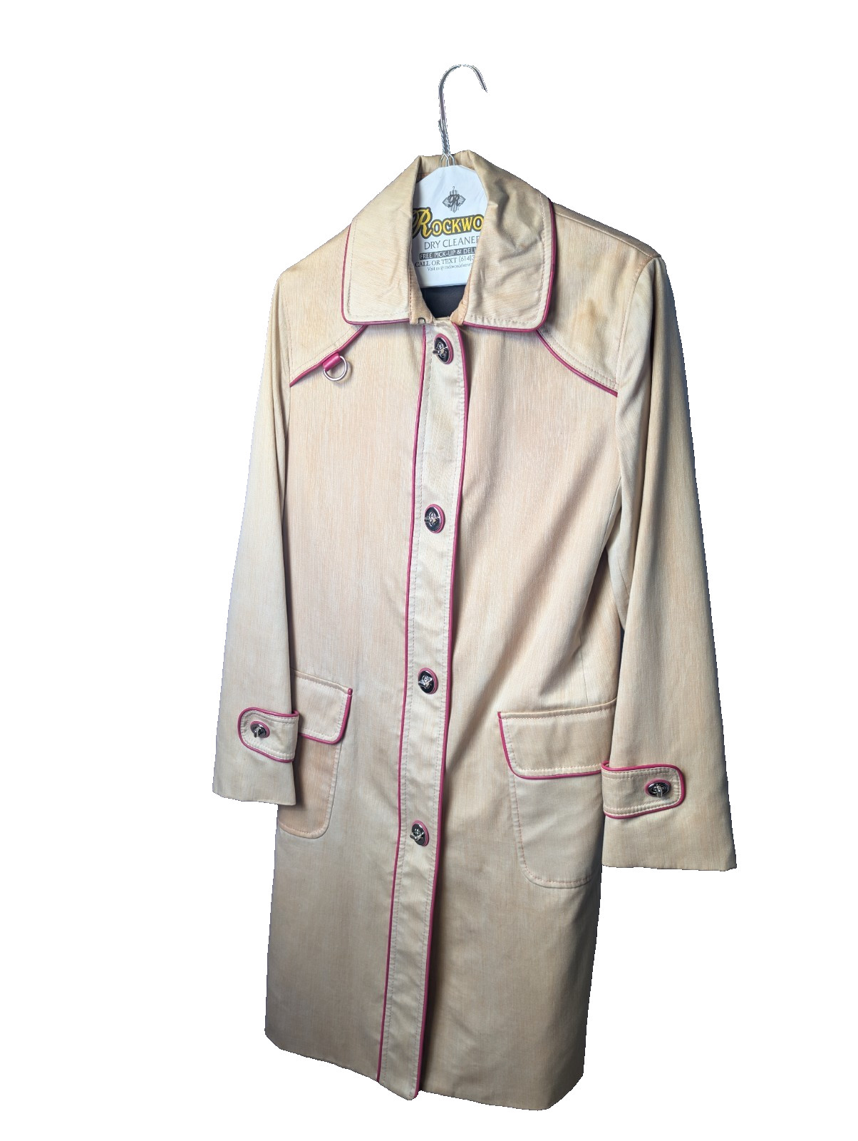 Coach Trench Coat Size 6 Tan Cotton Legacy Polka Dot Multi Lining Pink Trim READ