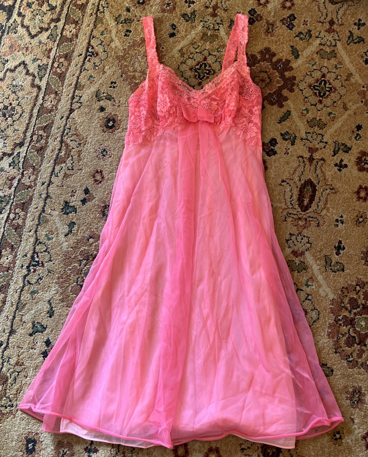 VTG 50’s VANITY FAIR SIZE M 32 NIGHTIE NIGHTGOWN PINK TRICOT NYLON CHIFFON LACE