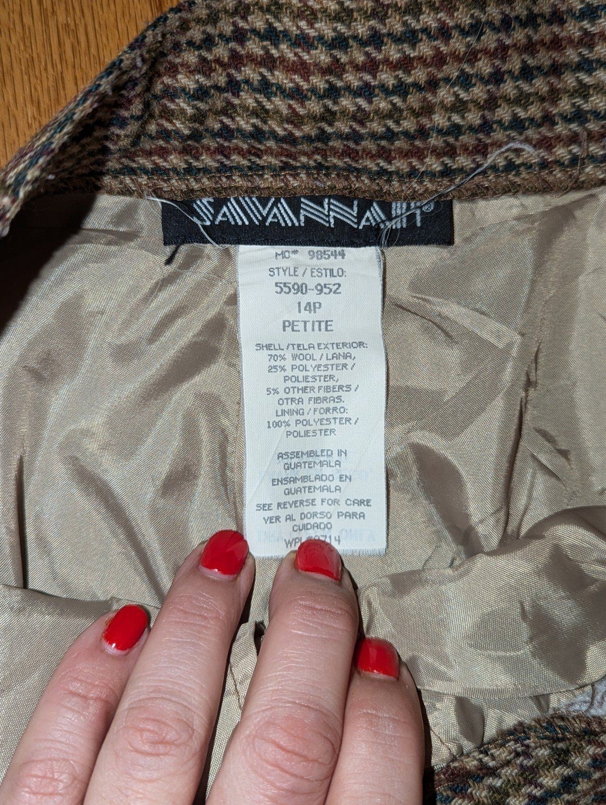 Vintage Savannah Size 14P Wool Blend 80s Brown Red Green Houndstooth Dress Pants