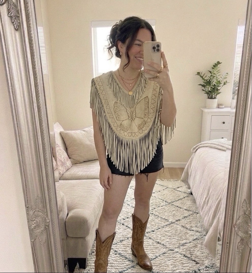 Vintage 70s Poncho Tan Suede Leather Fringe Floral Butterfly Boho Western Folk