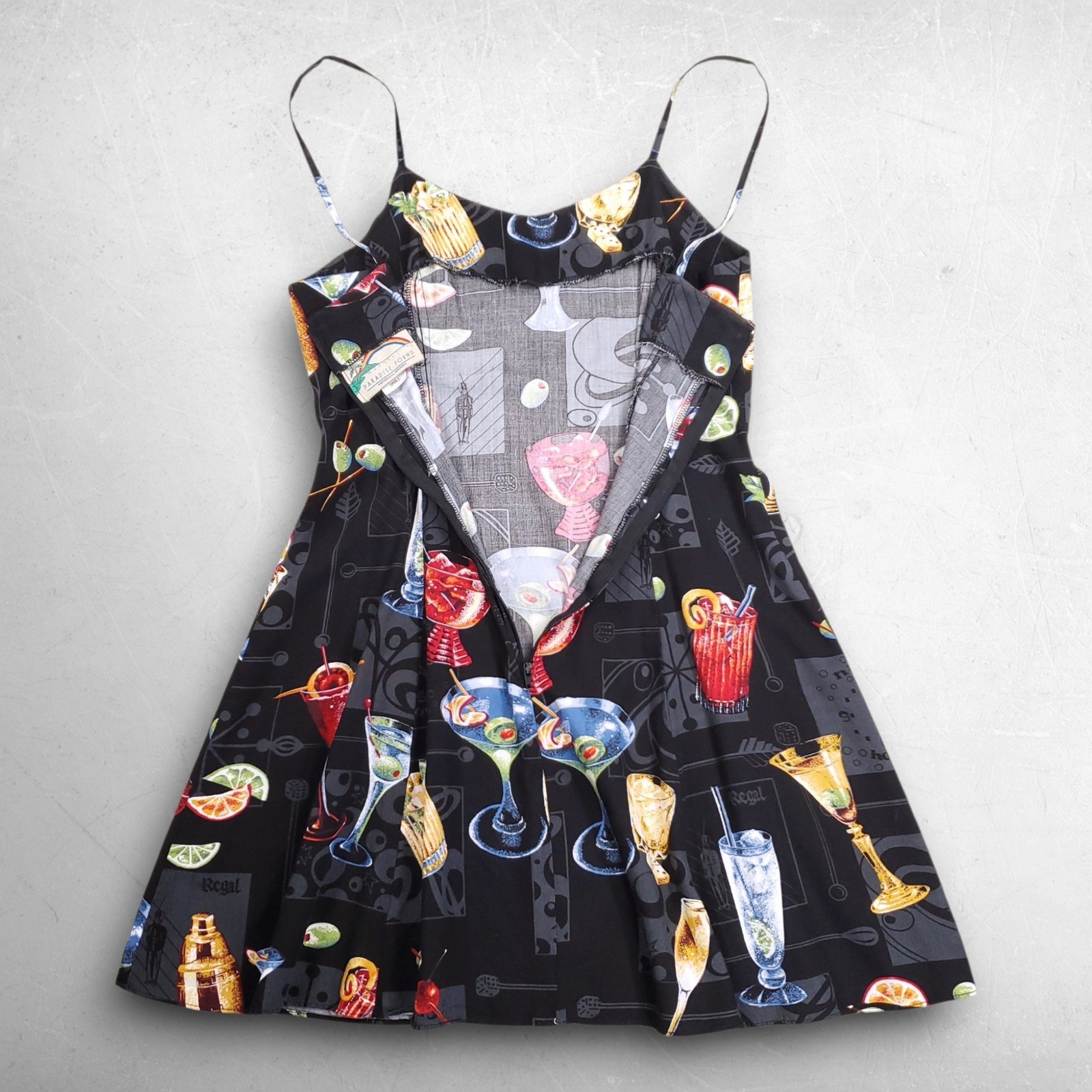 VTG Paradise Found Cocktails AOP Sundress Women S Black Rockabilly Spaghetti