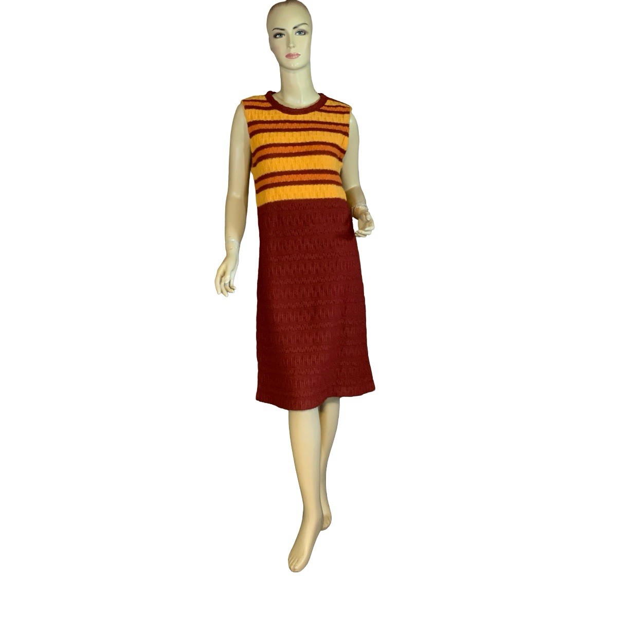 VINTAGE CIRCA 1970’S BEELINE YELLOW & BROWN CABLE KNIT SWEATER DRESS SIZE APPX L