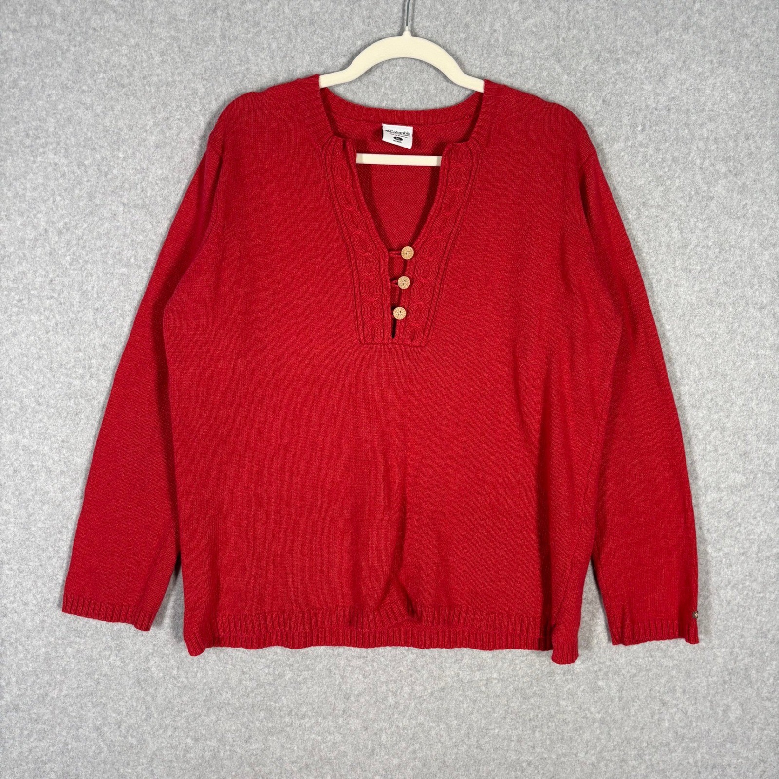Columbia Cable Knit Sweater XL Red Wood Buttons Fisherman Heritage Country Farm
