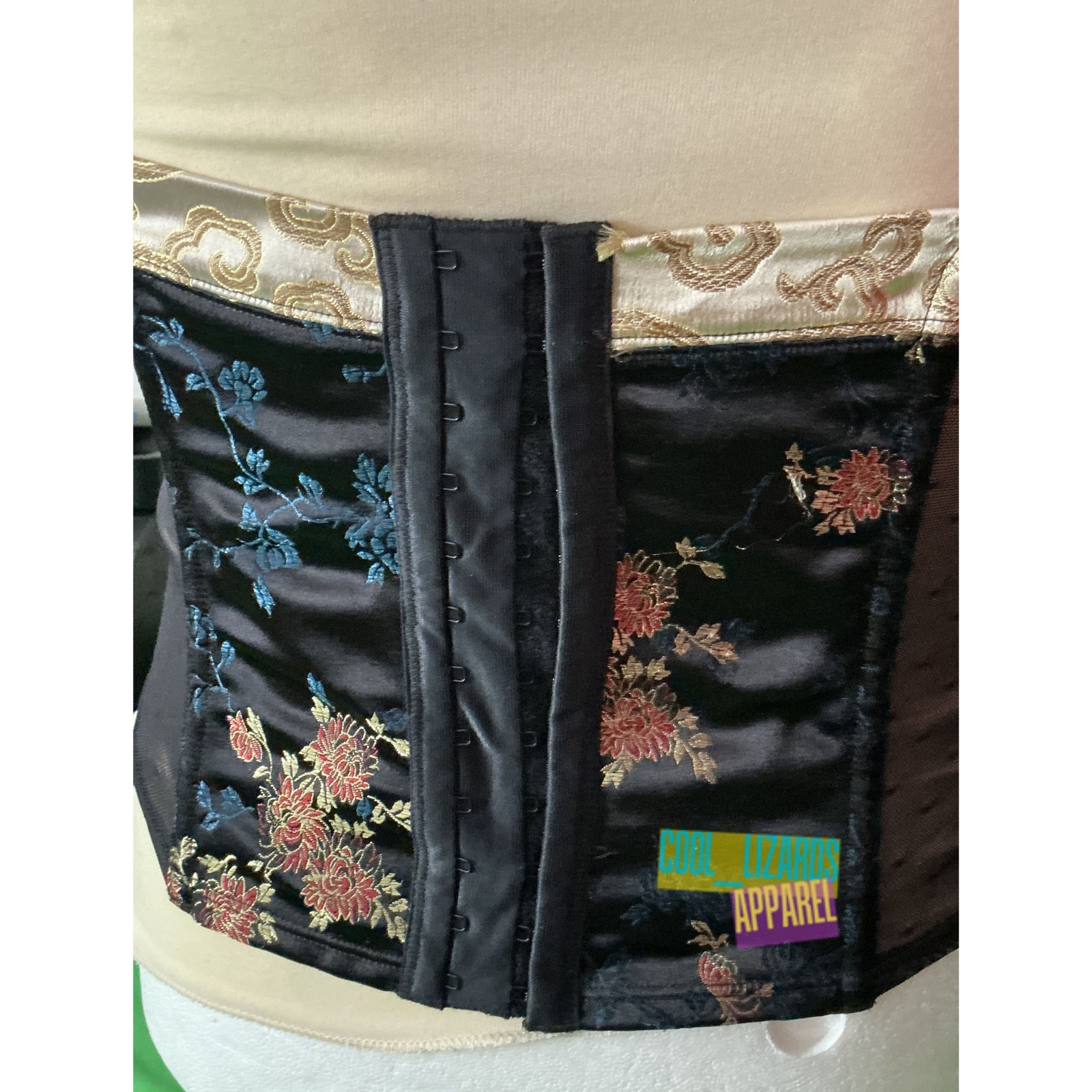 CORSET black size 40 floral brocade satin bow vintage bustier corset Asia