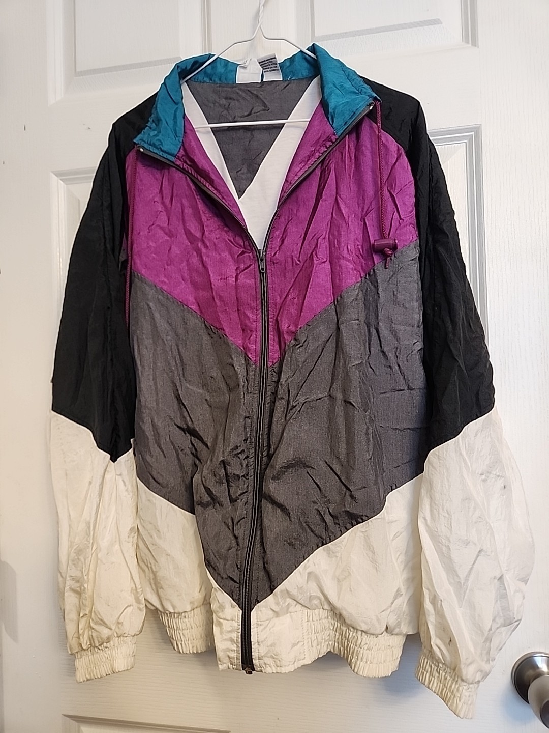 Active Wear Vintage 80s Windbreaker Jacket Large Purple Grey White Black Green