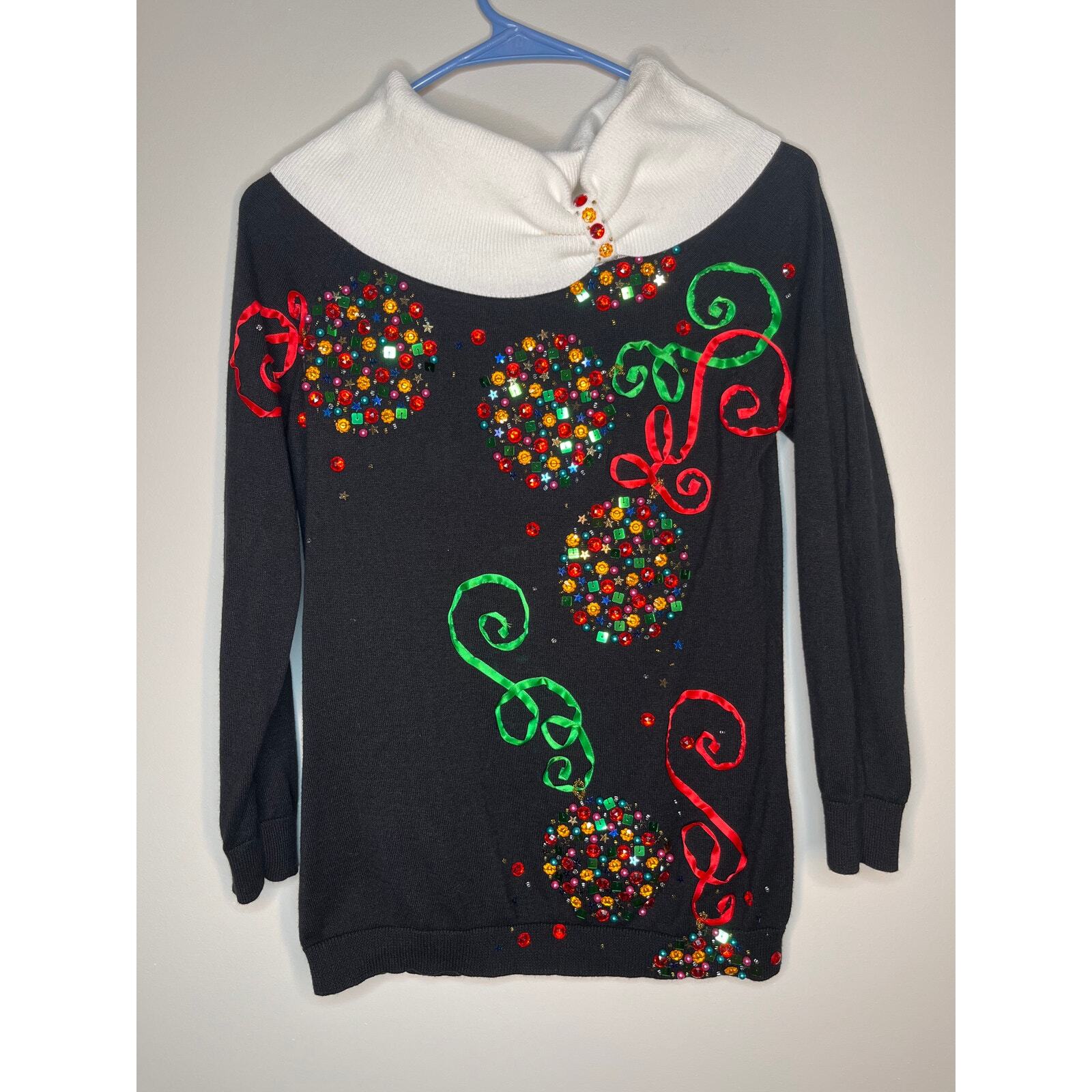 Vintage 2000s Berek Rhinestone Glam Christmas Ornament Shawl Neck Sweater S