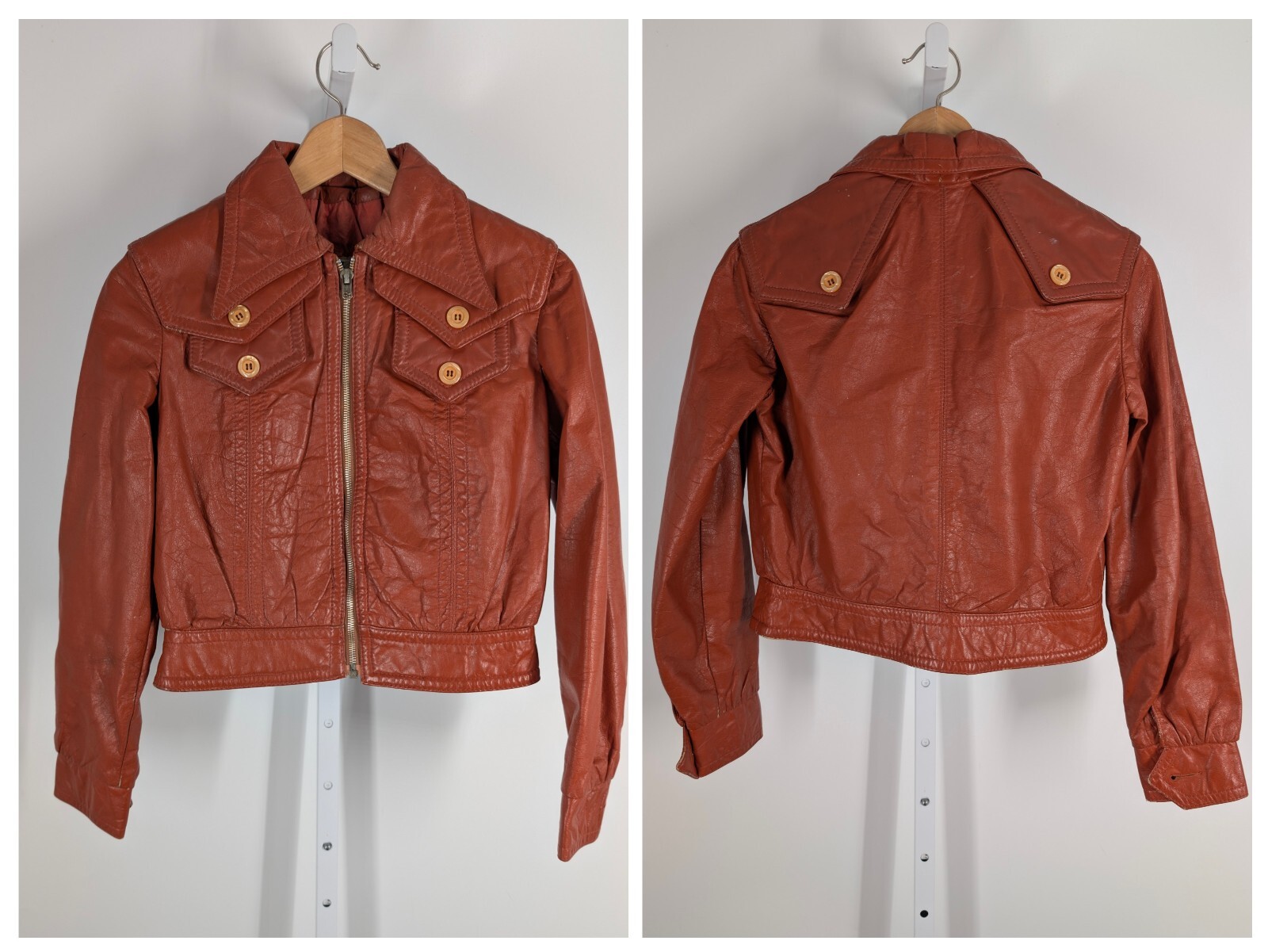 Vintage 70s Mod Leather Avant-garde Clay Brown Artisan Zip Disco Collar HighGear