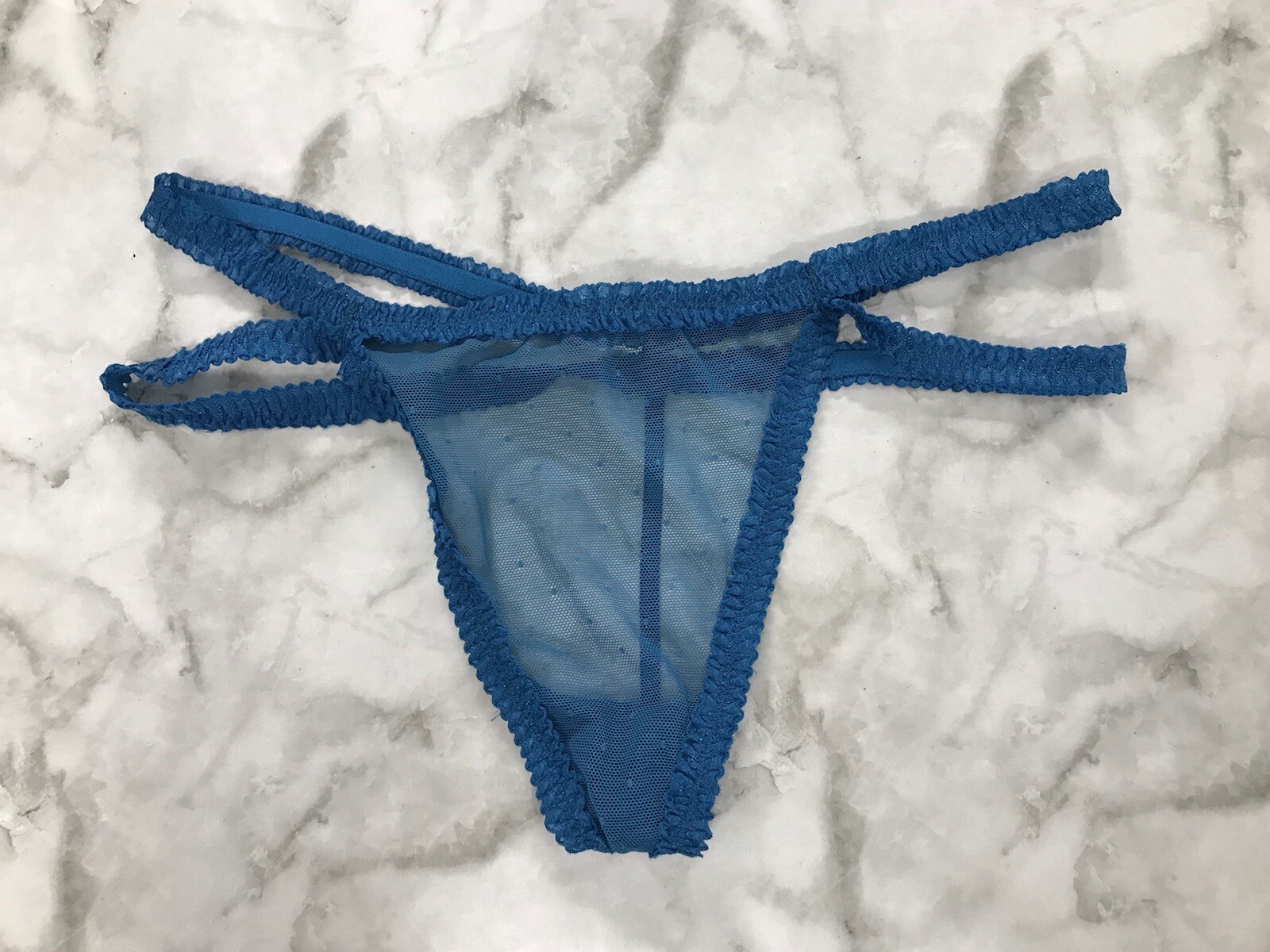 Vintage Thong String Polka Dot Size Medium Blue Double Straps Mesh very Rare!