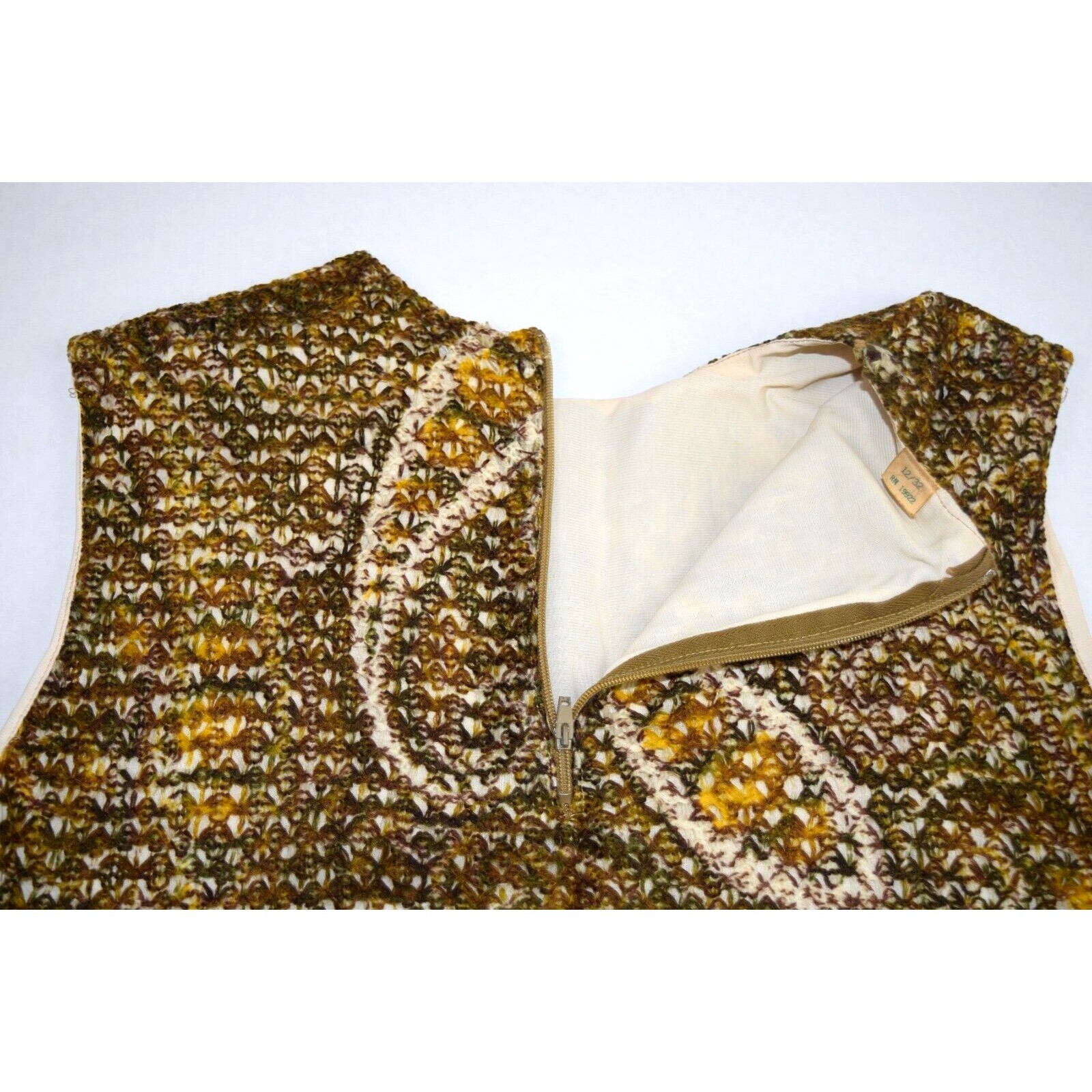 VTG Sleeveless Top Size S Majorette 60s Green Gold Mohair Big Paisley Crochet