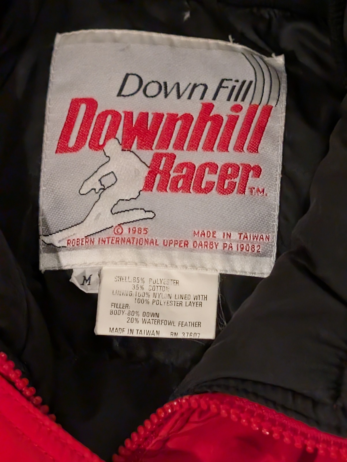 Vintage Down Fill Downhill Racer Ski Jacket Red White Blue Color Block Geometic