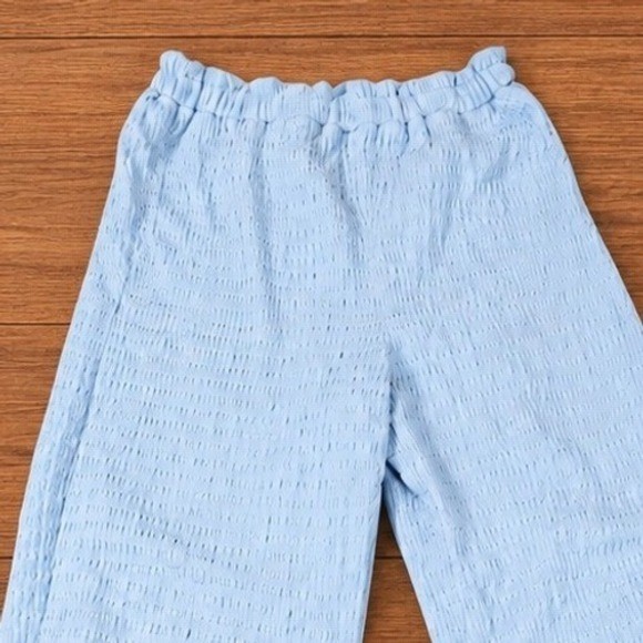Grandmacore Textured Wide Leg Pull On Pants Light Blue Crinkle High Rise Vintage