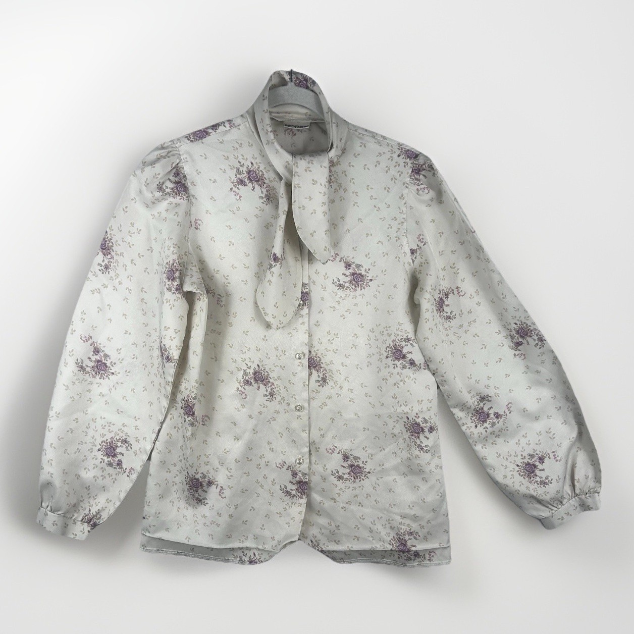 1980s Koret Silky Poly Blouse M Floral Pussy Bow Necktie Career USA