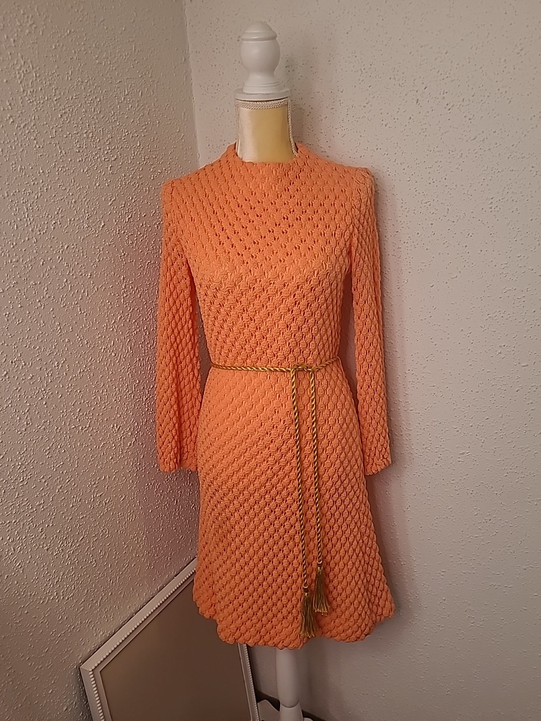VTG Sears Fashions Orange 60s Dress Gold Tie Belt Vintage Size 10 ( XS / S )