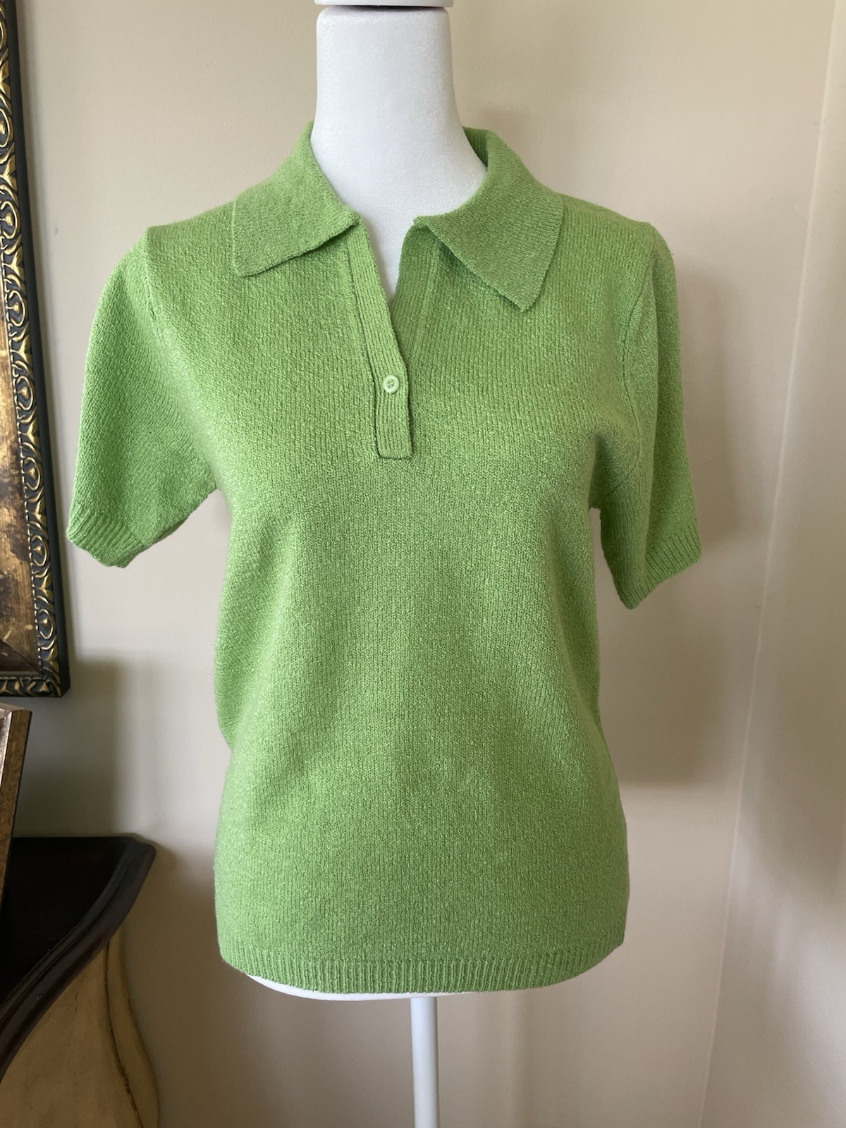 Vintage White Stag Green Acrylic Turn Down Collar Button Sweater Top Sm 4-6