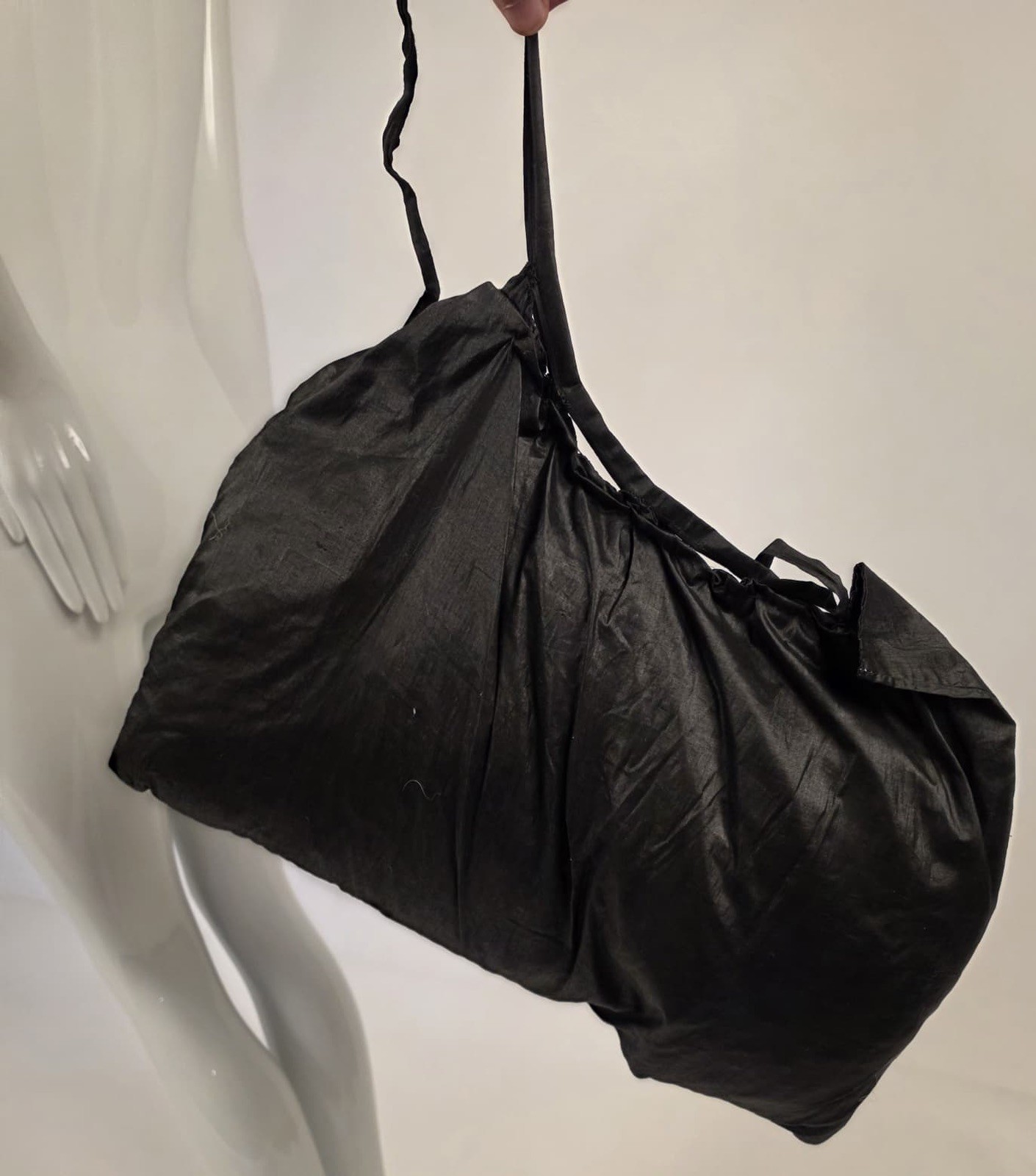 VICTORIAN 19TH C HAND MADE BLACK POLISHED COTTON BUSTLE FOR DRESS W STRAW FILL