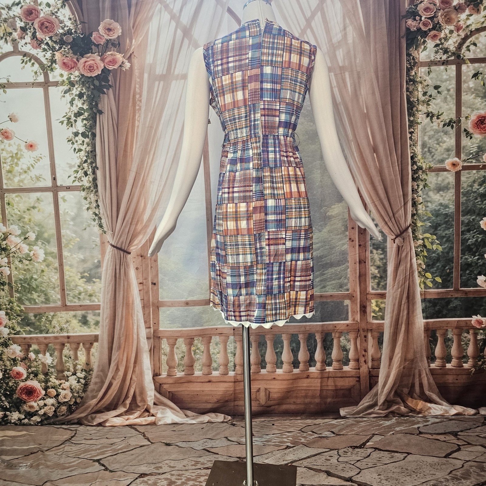 Vintage DEADSTOCK 1960’s Dress Fitted Patchwork Print Scalloped Hemlime NWT