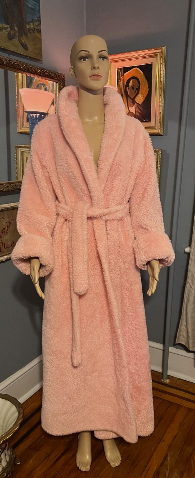 Vintage A Borg Fabric PINK Long Fluffy Furry Plush Robe Medium Made in USA