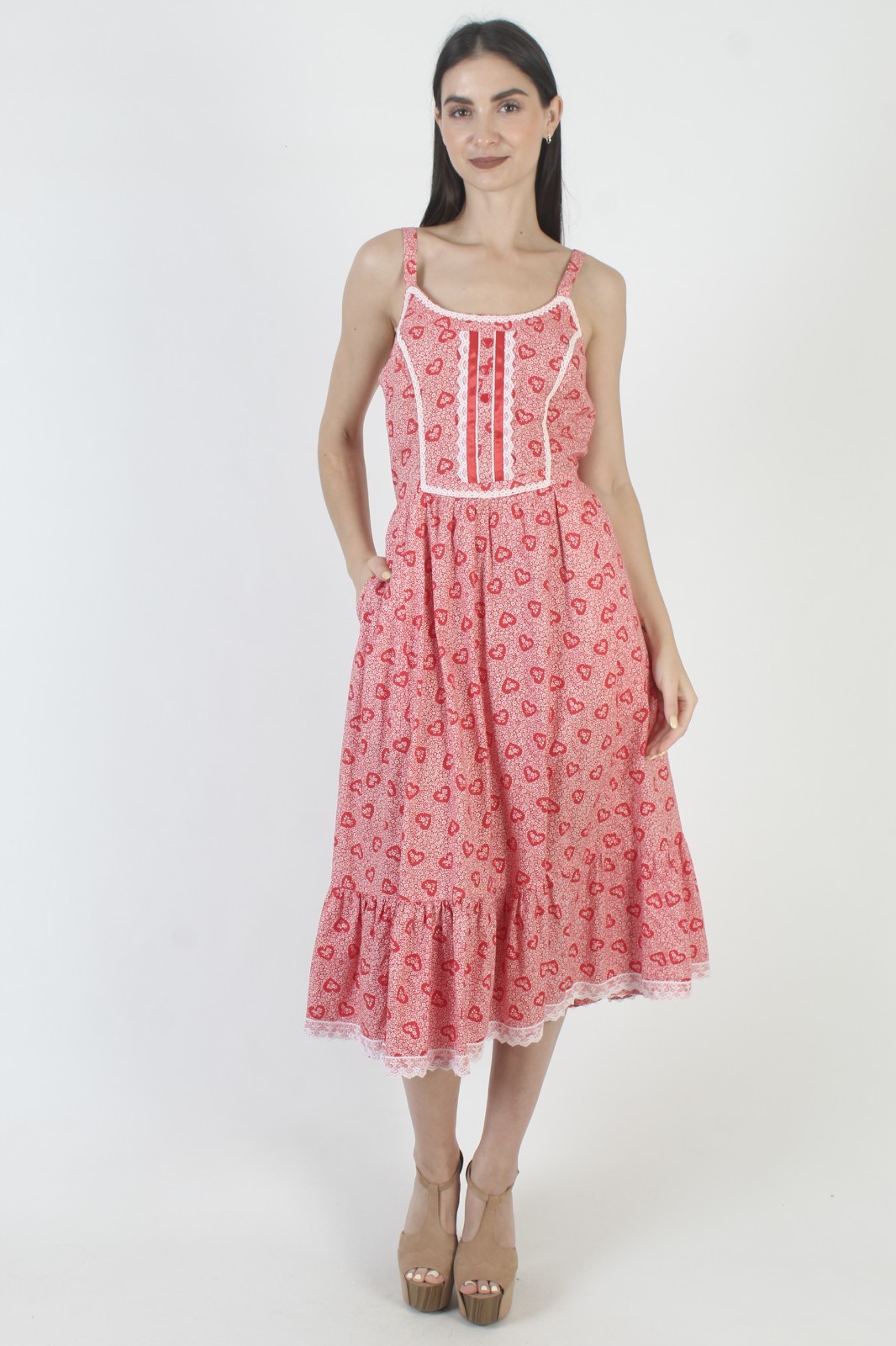 Vintage Red Heart Print Dress Calico Crochet Lace Boho Prairie Cottage Sundress