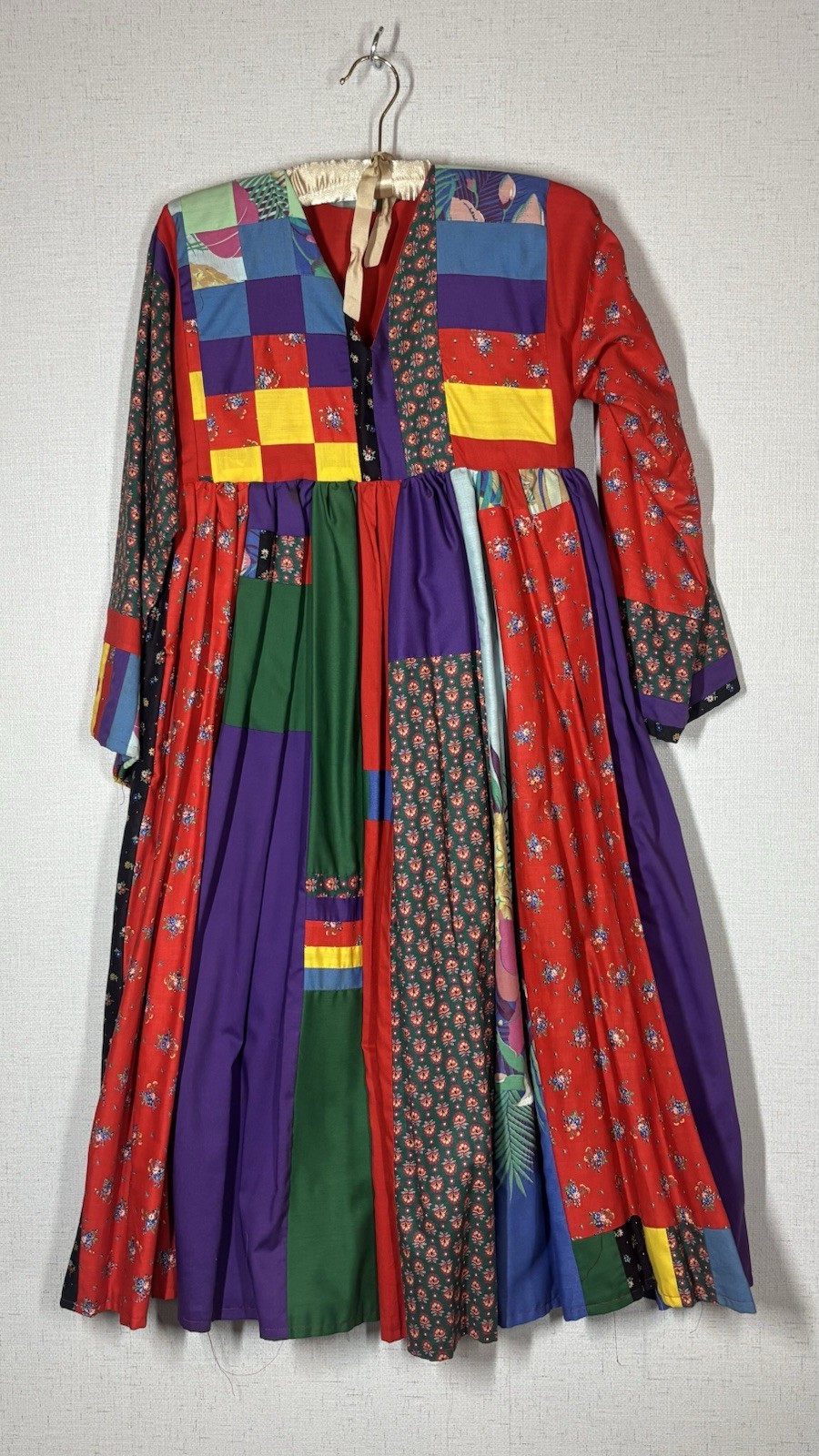 VTG 1970s Handmade Patchwork Prairie Dress Boho Folk Festival Maxi RARE Sz M