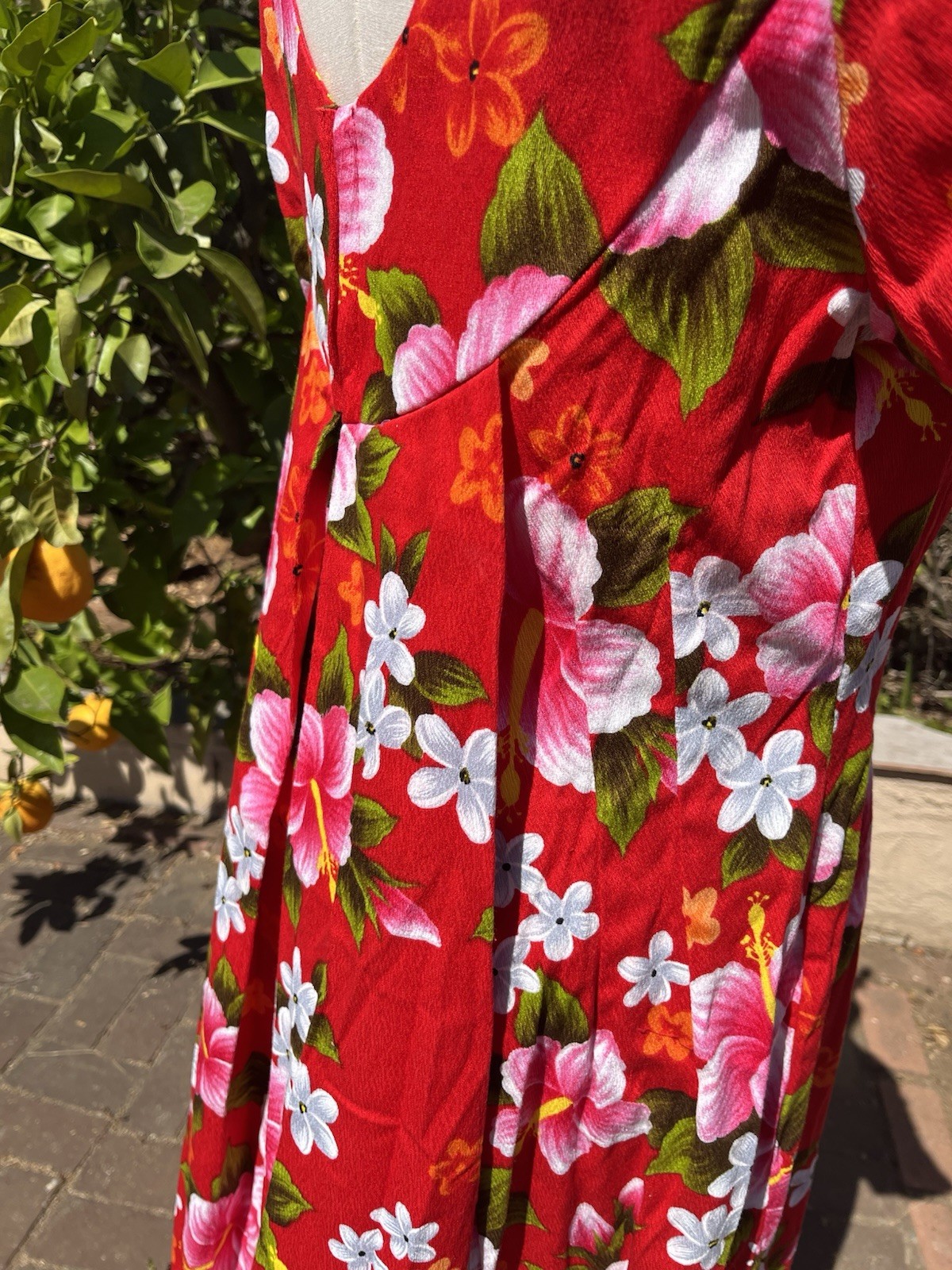 Vintage 60s 50s Ui-Maikai Red Hawaiian Maxi Dress Pink Hibiscus Floral Cotton LG