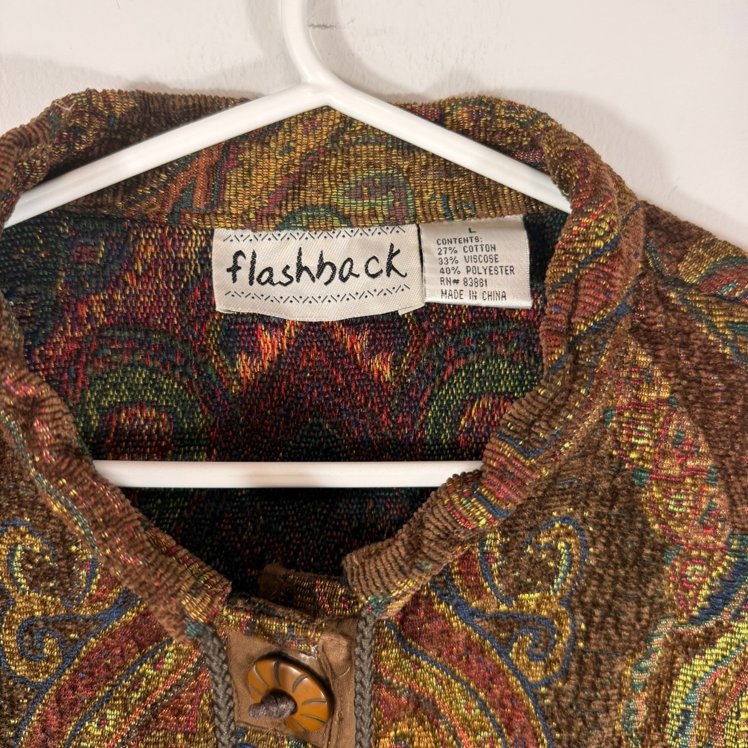 Flashback Vintage Tapestry Paisley Jacket Brown Boho Toggle Button Coat Large