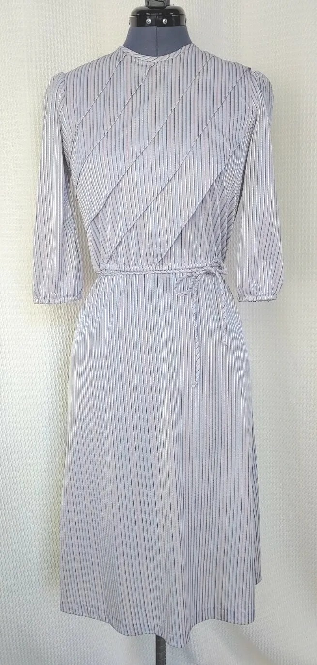 Vintage Grey Dress with Diagonal Layers and Pink/Black/Purple/Blue Stripes Sz 5