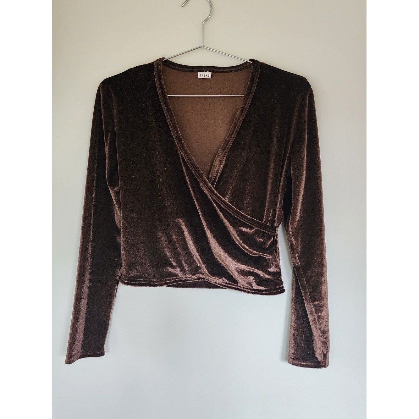 Vintage PASHU Long Sleeve Women Medium Brown Velvet Wrap Top Elegant Casual Luxe