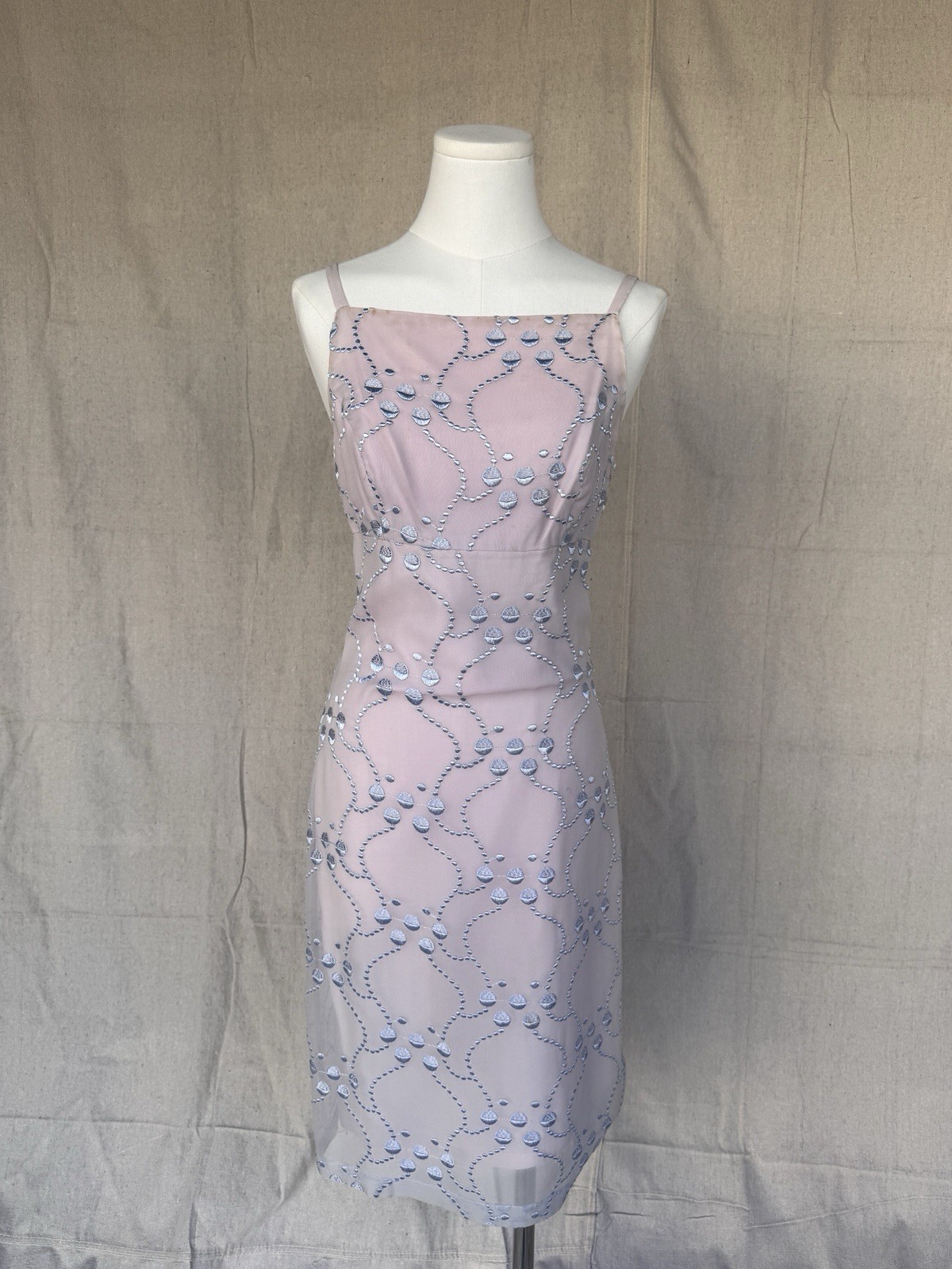 Vintage 90s TOCCA 100% Silk Blush Pink Embroidered Midi Dress Size 4 Crown Label