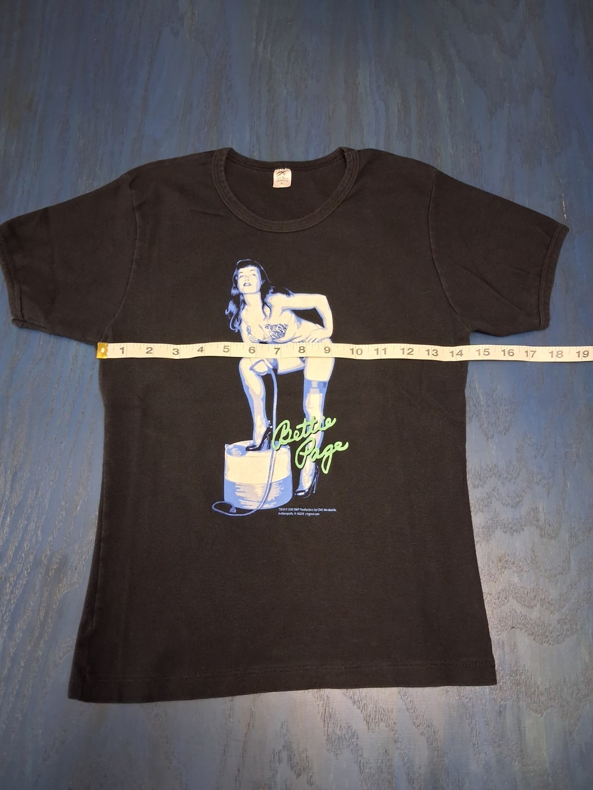 VTG 2002 Bettie Page Pin Up Baby Doll Tee Shirt Black Blue Graphic XL Y2K