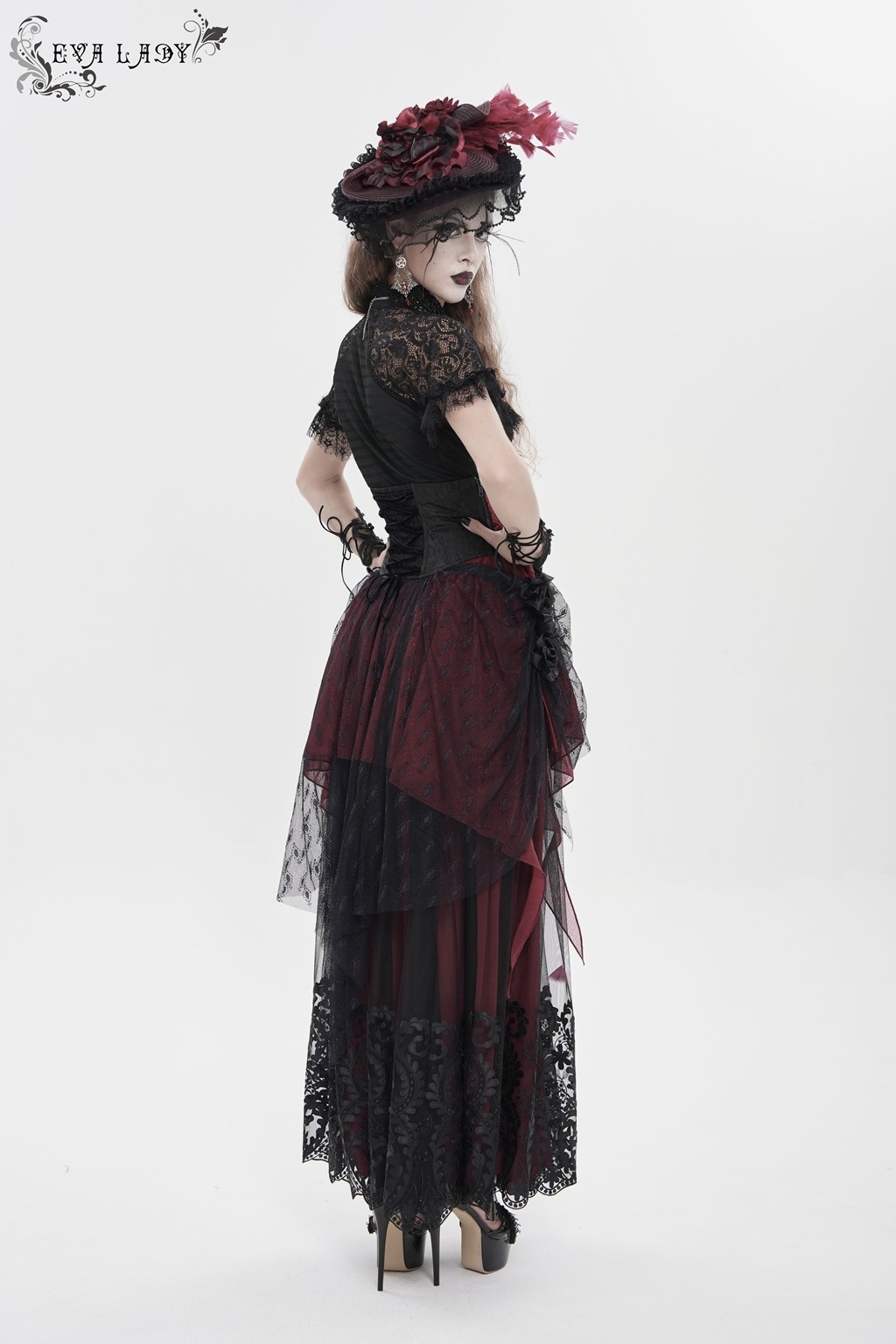 Eva Lady Women Black Red Retro Gothic Elegant Cross Bat Corset With Tulle Skirt