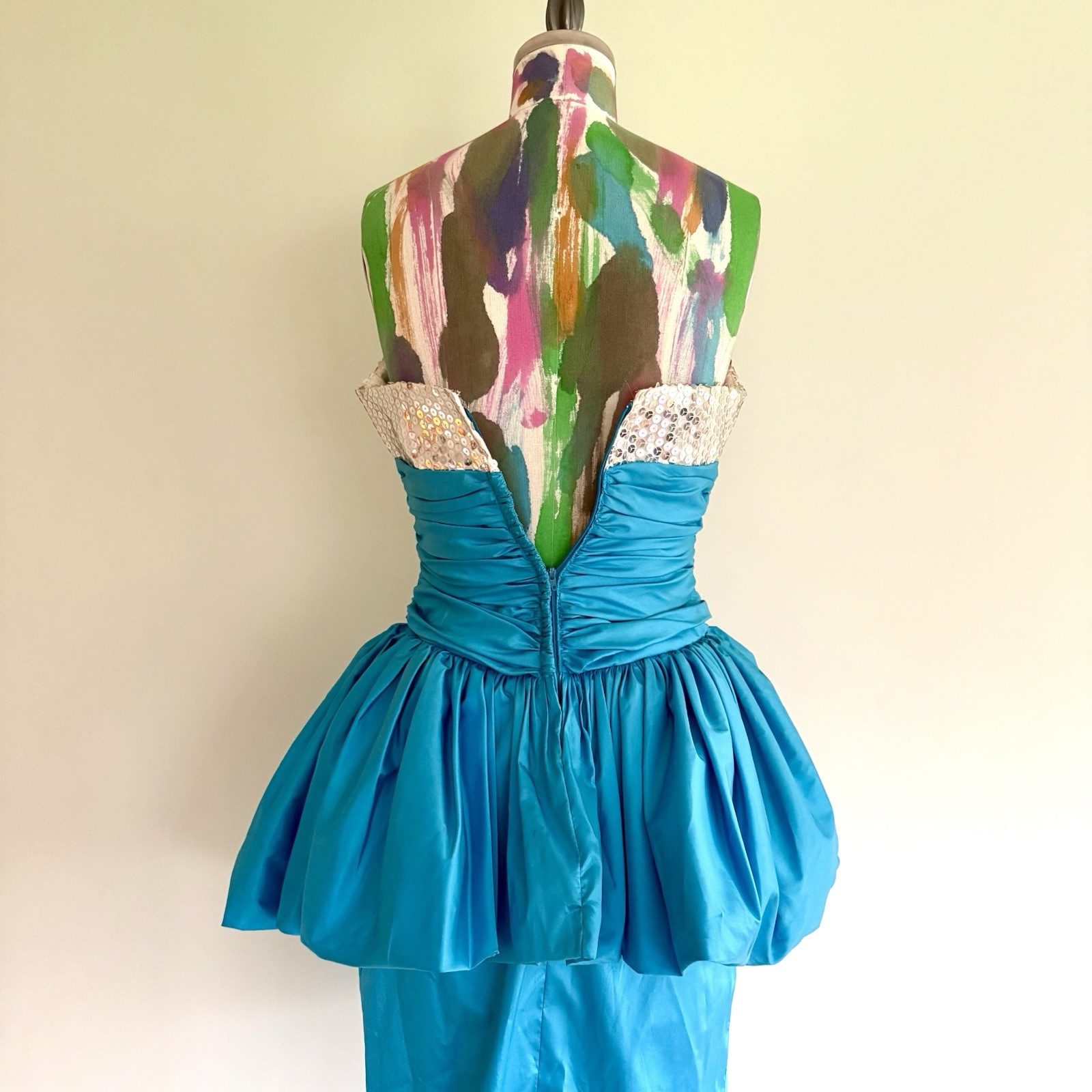 Vintage Alyce Designs 1980s Blue Taffeta Sequin Peplum Prom Dress