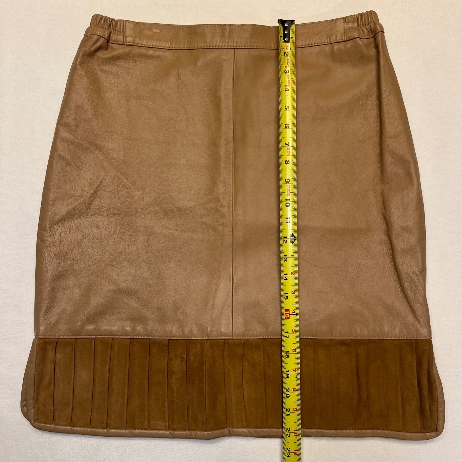 Vintage Genuine Leather Pleated Suede Trim Neutral Tan Western Boho Skirt Size L
