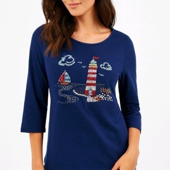 Vintage Quacker Factory Top Womens XS Blue Beaded Sequins Lighthouse Nautical