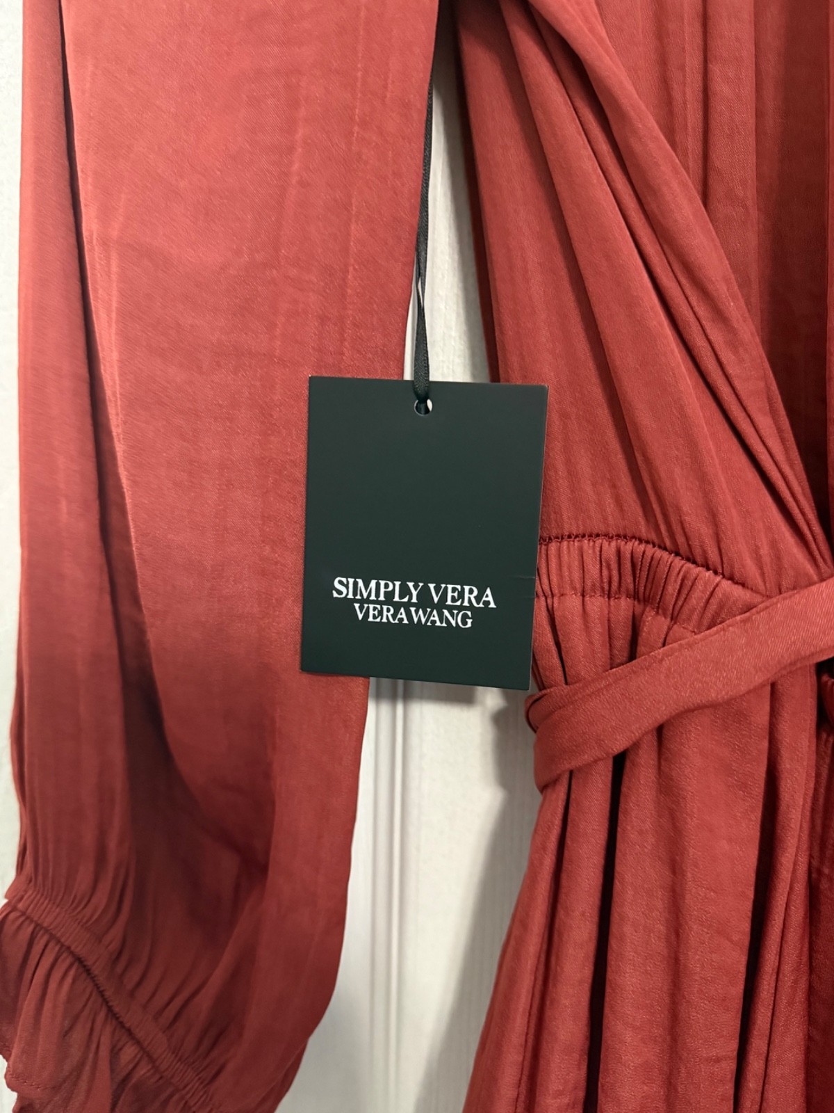 NWT Vera wang Large V-Neck Pleated Waist Dress balloon long sleeve mocked