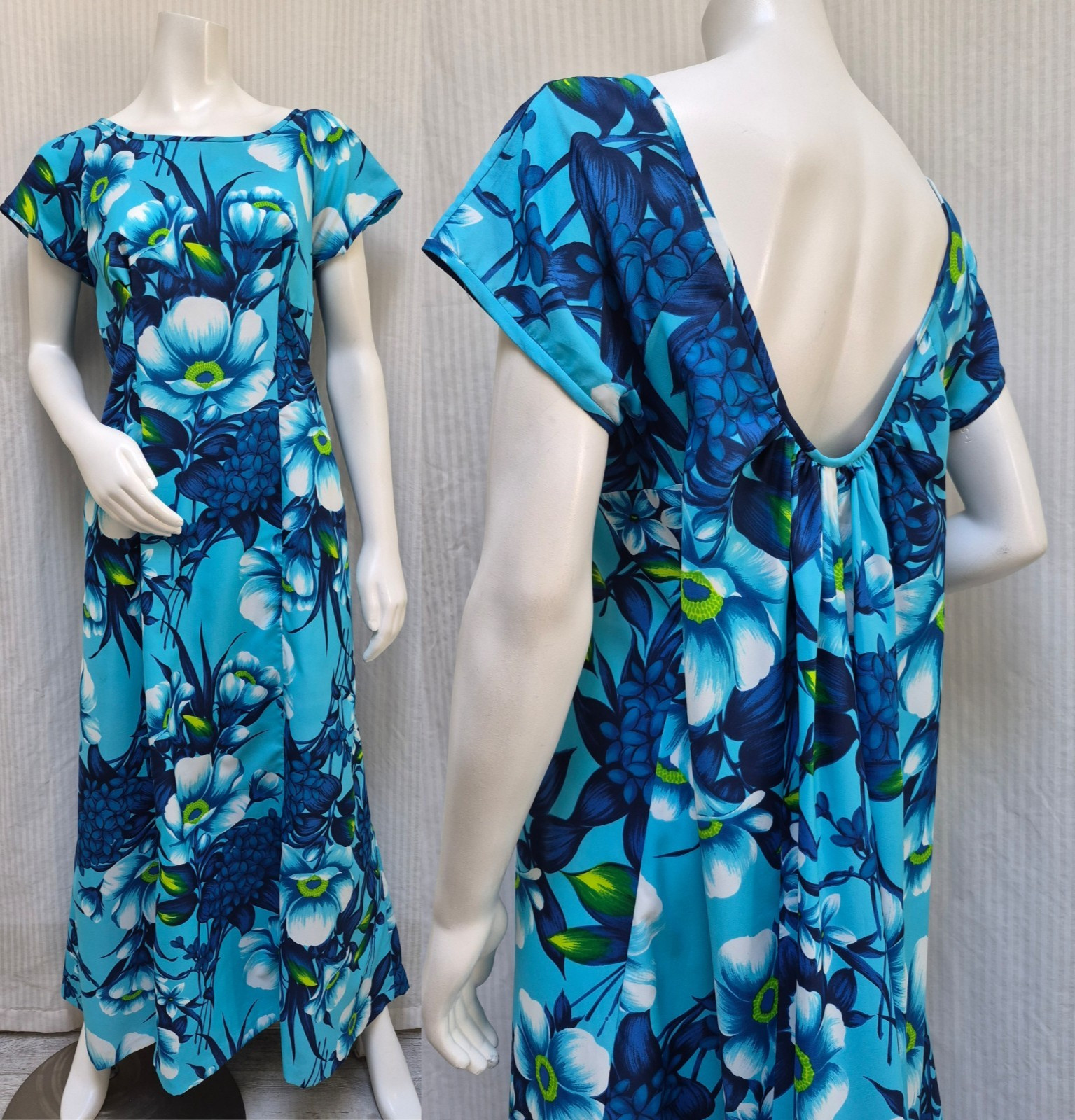 Vintage HAWAIIAN PALM Blue Floral Print Watteau-Back Maxi Dress – Size M/L – EUC
