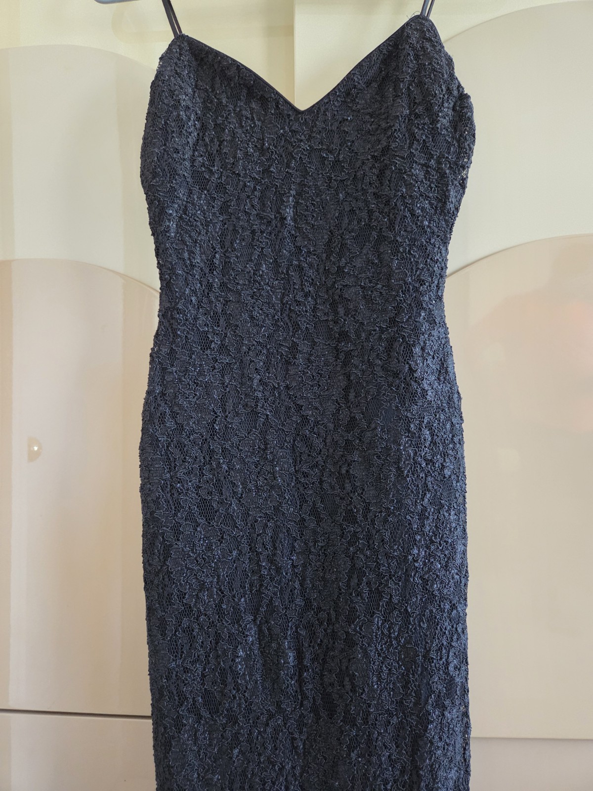 Vintage L.A. Glo Black Lace Maxi Dress Slip Spaghetti Strap Side Slit USA XS/S
