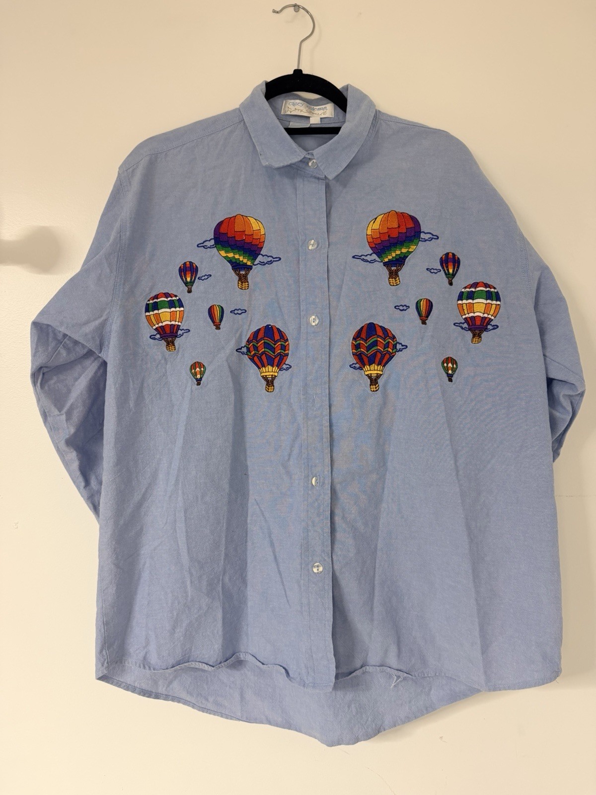 Vintage Casey Coleman Hot Air Balloon Embroidered Button Shirt Cotton Blue