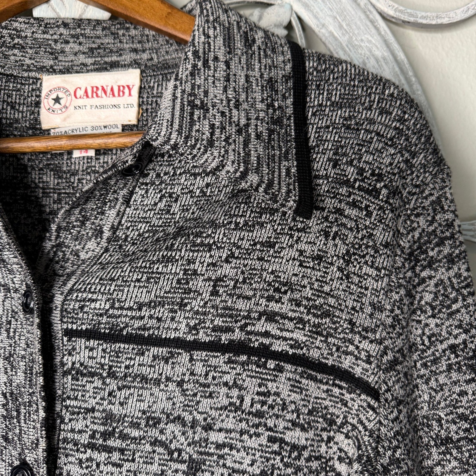 Vintage Carnaby Knit Fashions Grey Marled Striped Wool Blend Cardigan Size 14