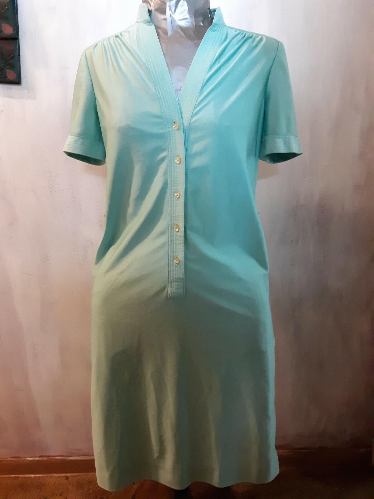 Vintage 60s 70s Schrader Sport New York Mod Shift Taupe Short Sleeve Dress sz6