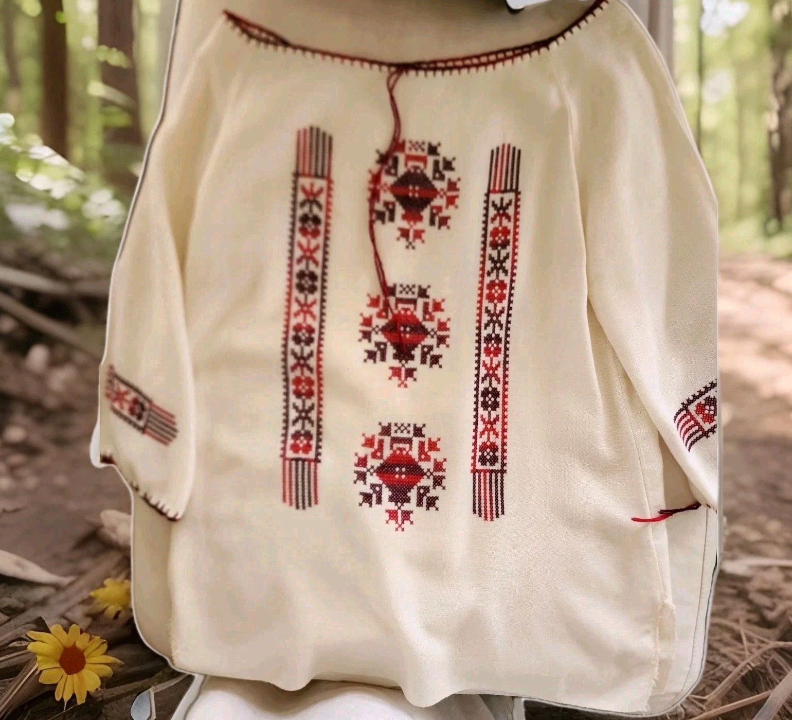 Mid-Century Vintage Handmade Peasant Blouse linen/flax Embroidered M/L