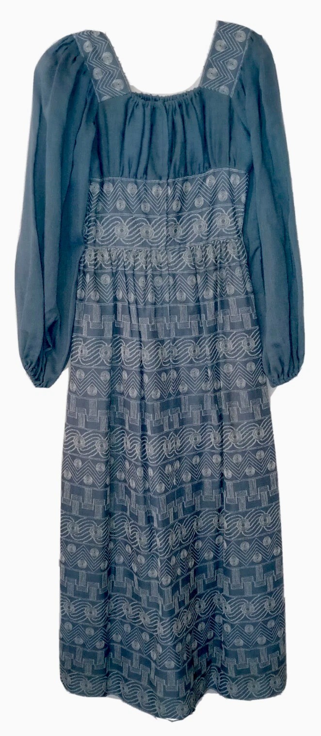 VTG 70s Candi Jones Maxi Dress XS Blue Hippie Boho Cottagecore Farmhouse Prairie