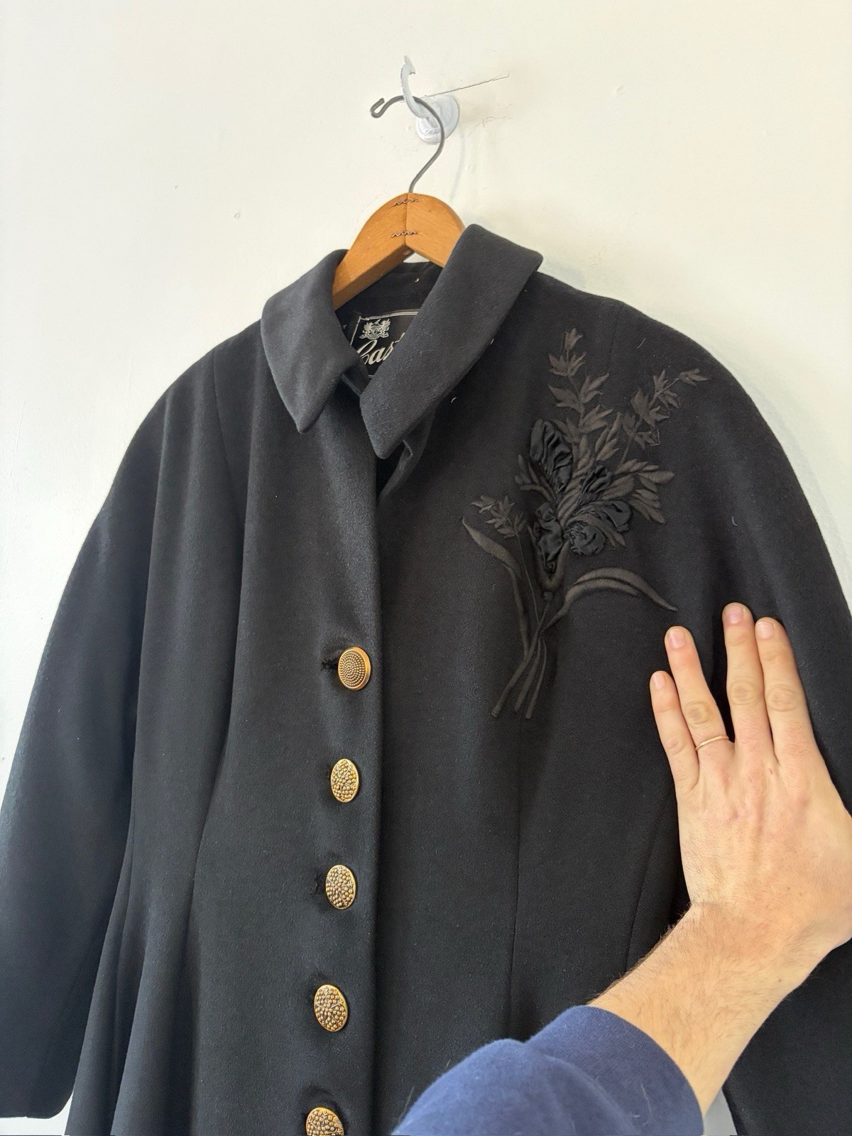 Vintage 1950s Black Wool Swing Coat Dress Princess Line Appliqué Formal New Look