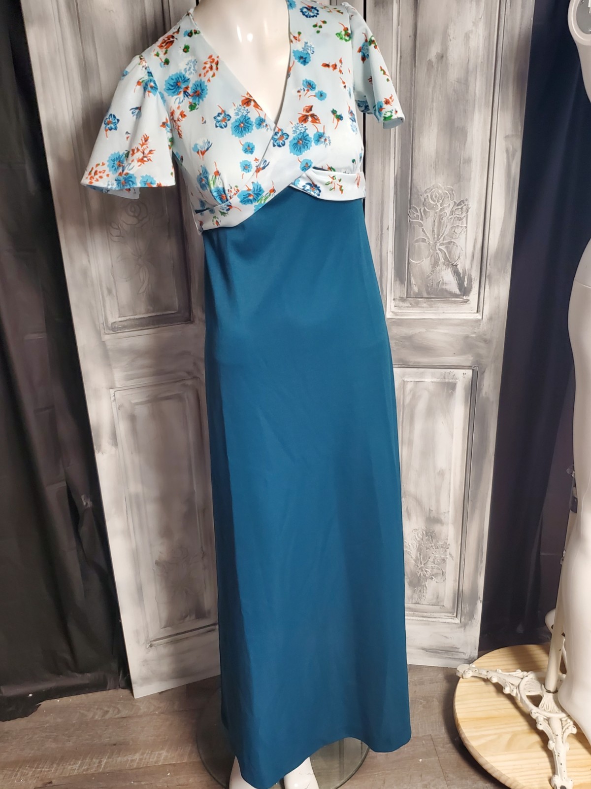 XS-S 60s 70s Hippie Vtg Boho Groovy Maxi Dress Wrap Top Empire Hostess flutter