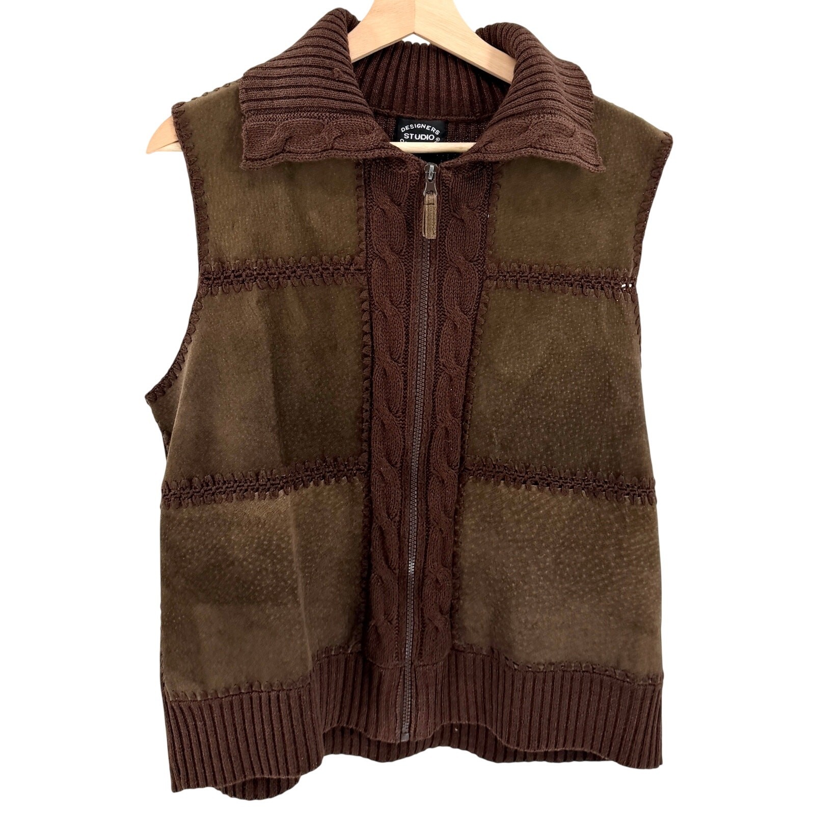Vintage Y2K Designers Originals Brown Genuine Leather Cable Knit Patchwork Vest
