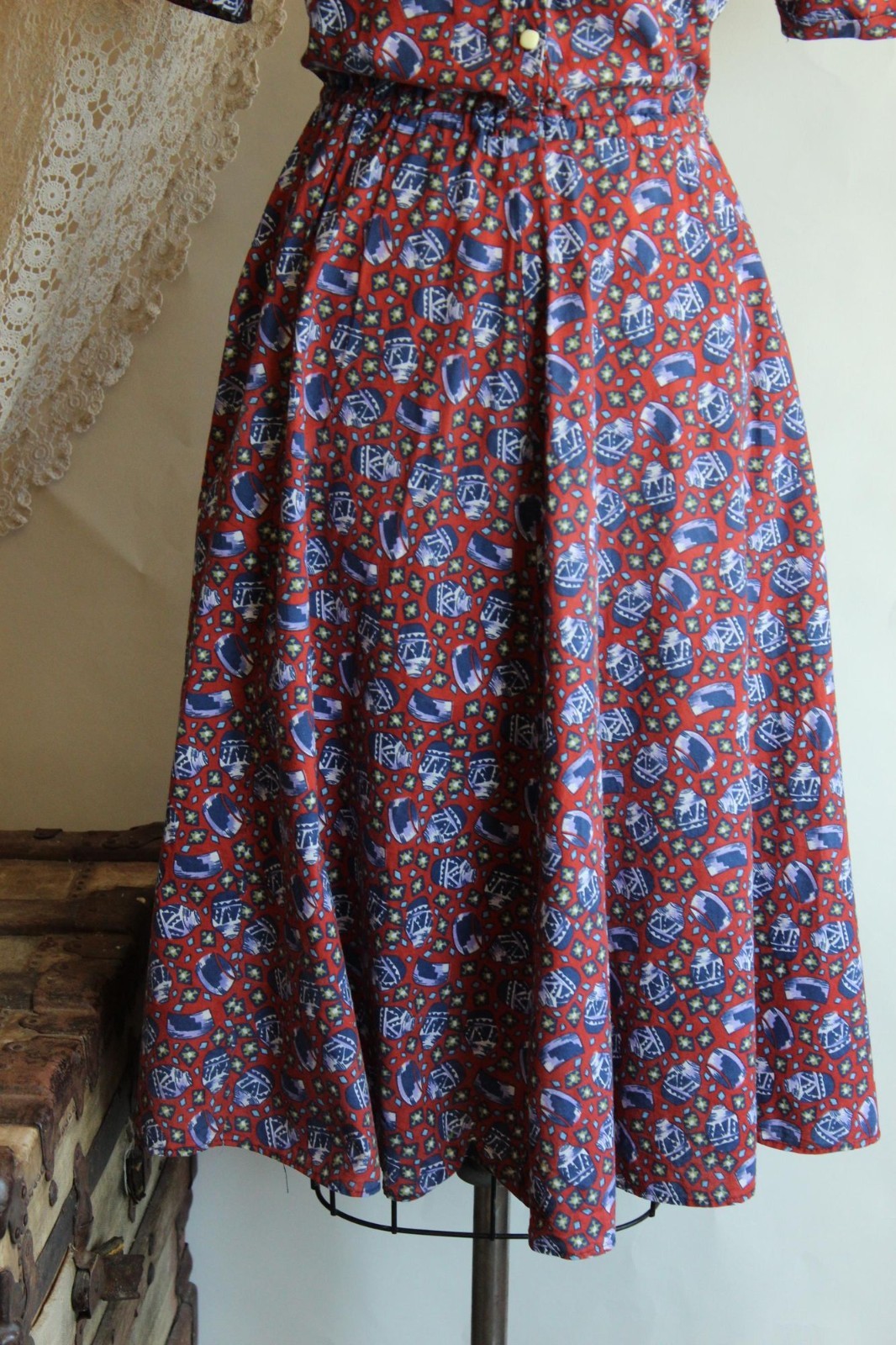 Vintage 1980’s Shirtwaist Dress, Volup 1950s Style Ginger Jar Novelty Print Midi