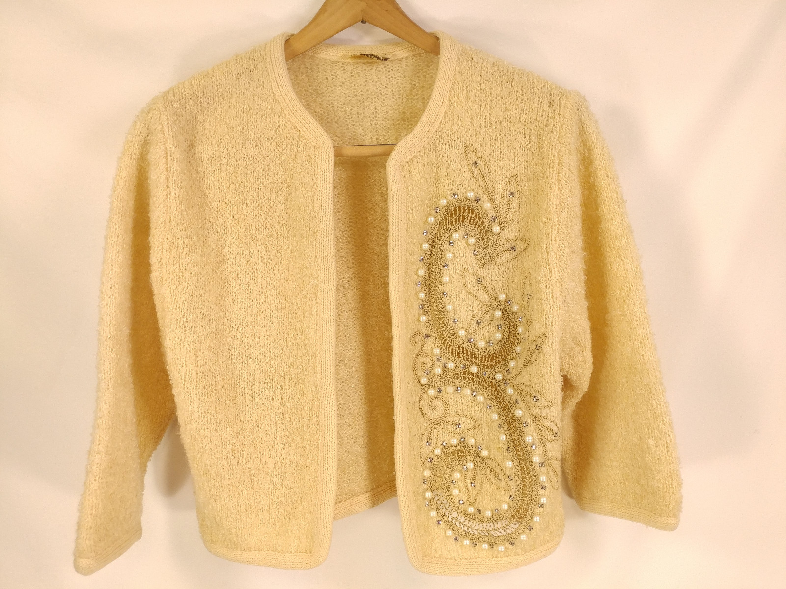 Vtg 50s Glam ETHEL of Beverly Hills Cream Pearl Cardigan Sweater Wool Up to 34″