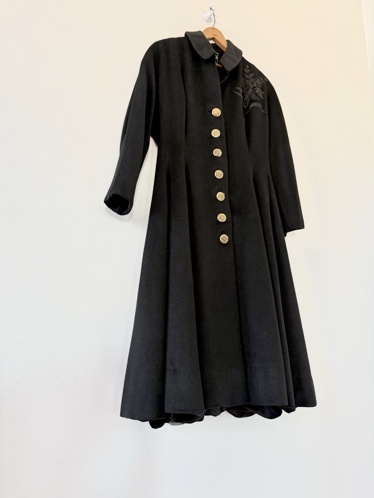 Vintage 1950s Black Wool Swing Coat Dress Princess Line Appliqué Formal New Look