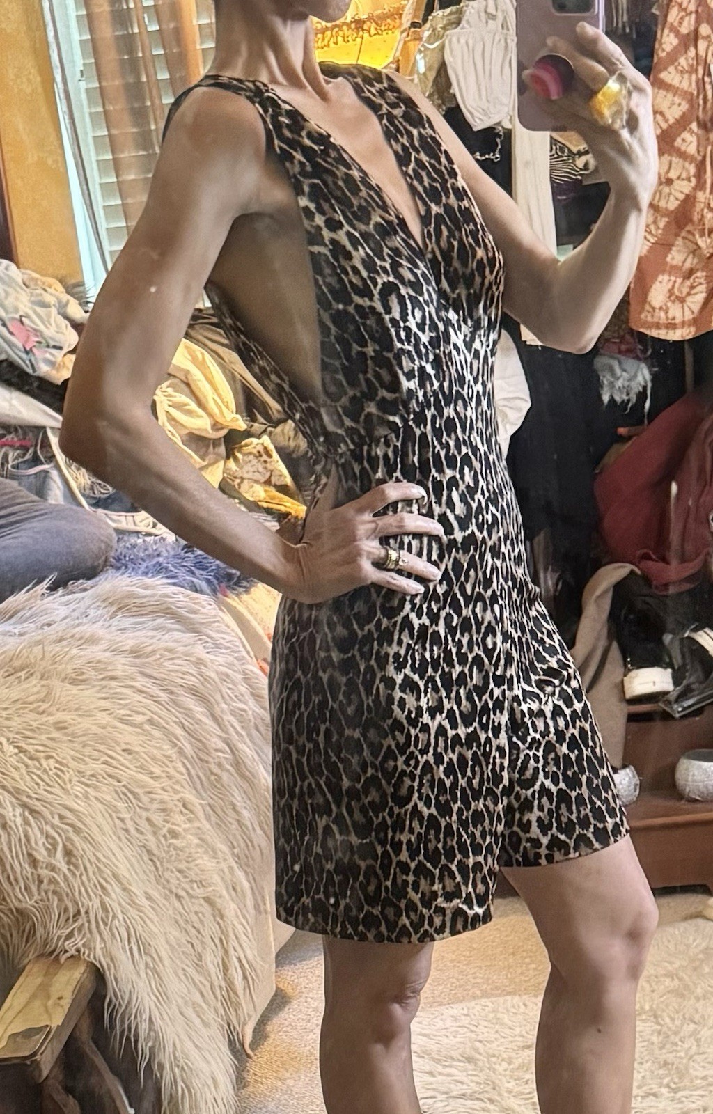 Vtg Polly Peck Sybil Zelker England Leopard Romper Jumpsuit Plunge V S