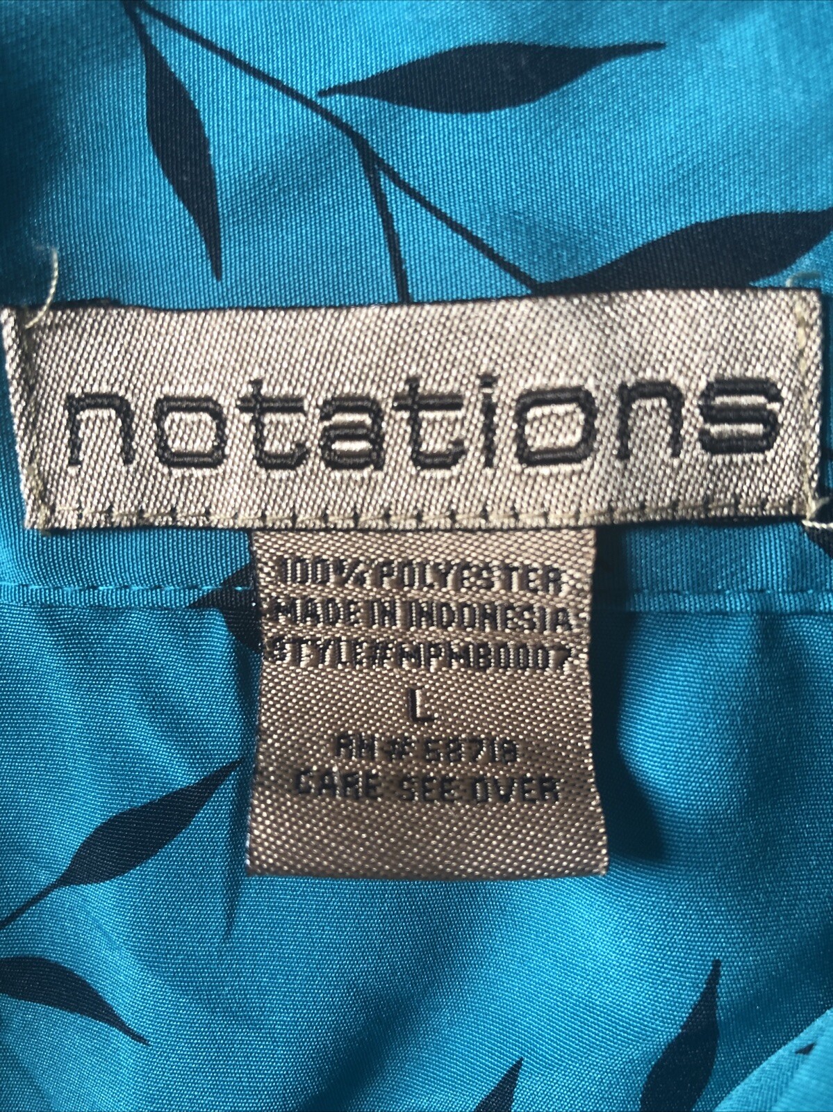 Vtg Notations L Silky Lightweight Turquoise Blue Relaxed Button Up Black Print